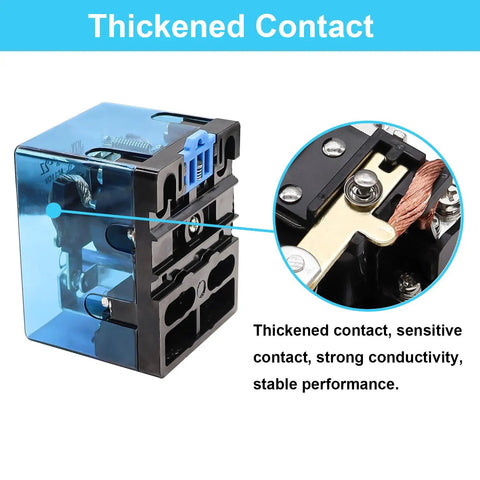 Close-up of Heavy Duty Electromagnetic Relay AC 220V Coil DPDT 80A Switch 2NO 2NC Contacts showing thickened contact features.