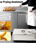 Heavy Duty 55L Mobile Fryer Oil Filter Machine With Cart Commercial Frying System For Restaurants in stainless steel with frying basket.