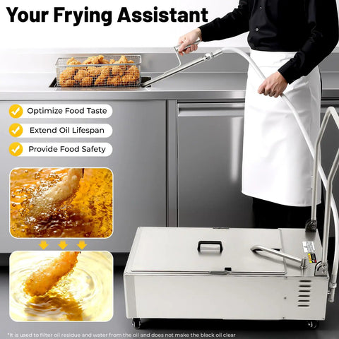 Heavy Duty Commercial Fryer Oil Filter Machine 370W Stainless Steel Cart Holds Forty Gallons For Restaurants in use while filtering oil.