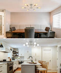 Six Light Sputnik Ceiling Light Fixture In Brushed Nickel, Semi Flush Mount, Mid Century Modern Chandelier in dining room and kitchen