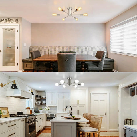 Six Light Sputnik Ceiling Light Fixture In Brushed Nickel, Semi Flush Mount, Mid Century Modern Chandelier in dining room and kitchen