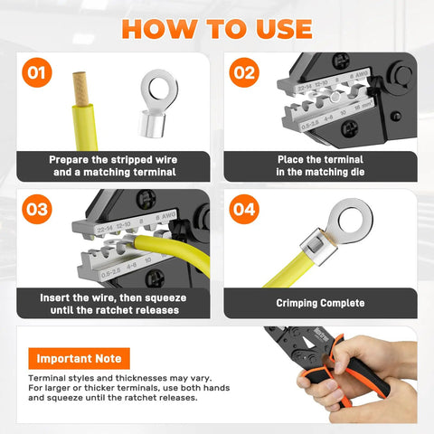 Instructions on using the Built Tough Ratcheting Crimp Tool For AWG 22 To 6 Non Insulated Butt Ring Fork Spade Terminals.