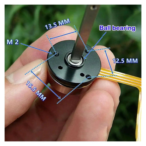 Close-up of 12V Brushless DC Drone Motor High Speed 28000 RPM PTZ Long Axis With Double Ball Bearing 2500KV for quadcopters.