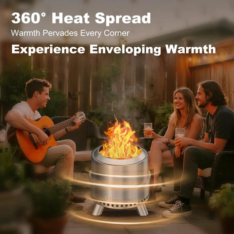 Group enjoying a bonfire with a smokeless outdoor fire pit, 15 inch stainless steel design, for camping and backyard bonfires.