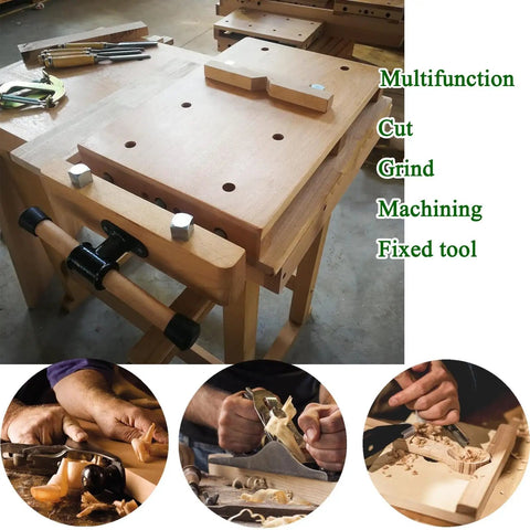 Rock Solid Portable Woodworking Vise And Straight Up Adjustable Bench Table With Hardcore Steel Clamps For Garage Studio Home Workshop Or Shop Diy Uses on a beech workbench with tools.