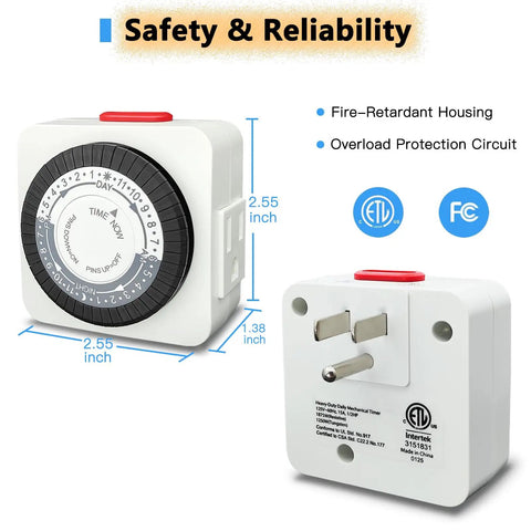 Smooth 24 Hour Dual Wall Outlet Timer Two Pack Indoor Plug In Clock Controller showing dimensions and design features.