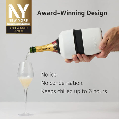 Ultra Efficient Iceless Champagne Chiller With Detachable Stopper Keeps Wine Cold Up To 6 Hours pouring champagne into glass
