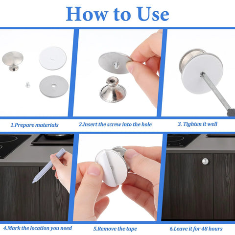 How to use guide for Four Pack Stick On Self Adhesive Cabinet Knobs Silver Stainless Steel Drawer Pulls, step-by-step installation process.
