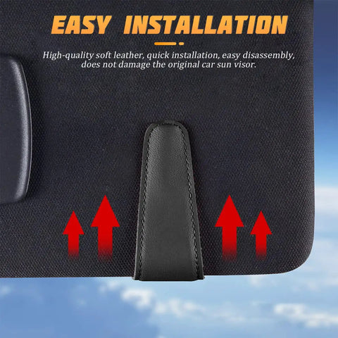 Premium Microfiber Leather Magnetic Sunglasses Holder For Car Sun Visor With Strong Grip and sleek black finish showcasing easy installation on a sun visor.