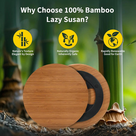 14 Inch Bamboo Lazy Susan Turntable Organizer For Kitchen Cabinets And Countertops shown on a bamboo background.