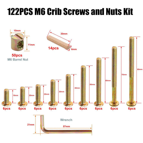 All In One Crib Screws And Nuts Kit For Beds Chairs And Furniture With Barrel Nuts And Wooden Dowel Pins Wrench Included 54 Pieces