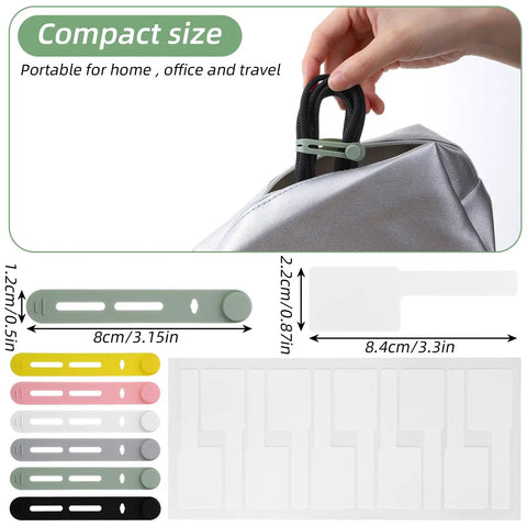 90 Piece Nylon Cable Labels And Cord Ties Set shown in compact use with measurements.