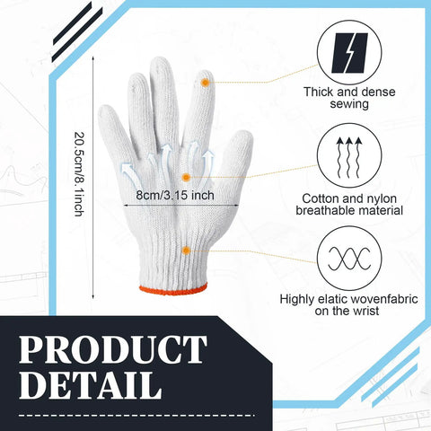 100 Pairs Cotton Liner Gloves For Work And BBQ Roping, Non Slip White Safety Hand Protection, Product Detail with Measurements