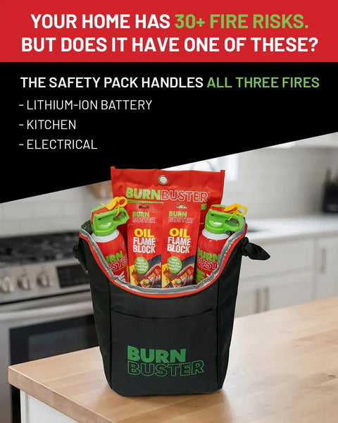 All-In-One Fire Safety Kit 6-Piece With Lithium-Ion Fire Suppression Gel, Two Emergency Blankets And Two Sachets displayed on kitchen counter