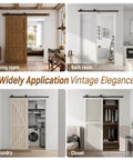 4 Foot Sliding Barn Door Hardware Kit Heavy Duty Built To Last Black T Shaped Track System For 24 Inch Wide Single Door Panel installed in a living room, bathroom, laundry, and closet setting.