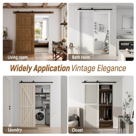 Four views of Six Foot Sliding Barn Door Hardware Kit Heavy Duty Silent Operation with nylon wheels, installed in different rooms.