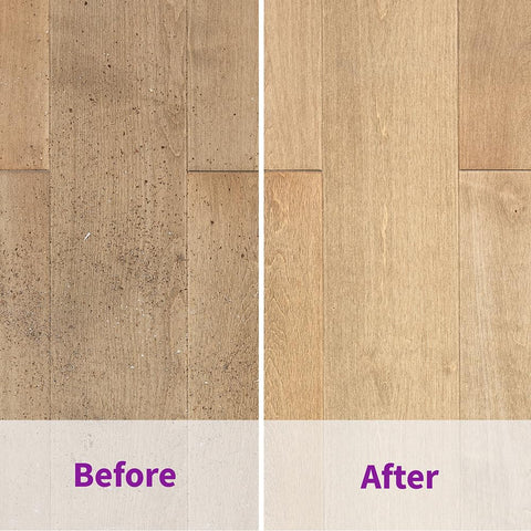 Before and after cleaning sealed hardwood floor with Click N Clean Multi Surface Spray Mop All In One Kit and 32 oz all floors cleaner.