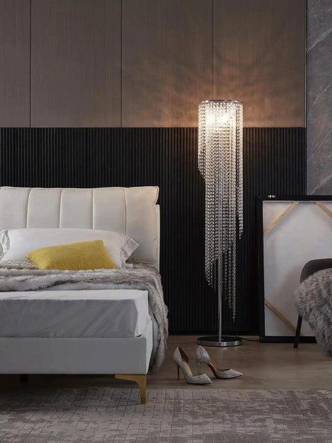 Silver Crystal Floor Lamp In S Shape With Chrome Finish, Romantic Modern Chic Vibe Lighting, Clear Crystal Raindrop Detailing