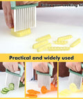 Front view of Paoeyrb 2-pack crinkle cutter set with green handle cutting yellow crinkle strips on white surface