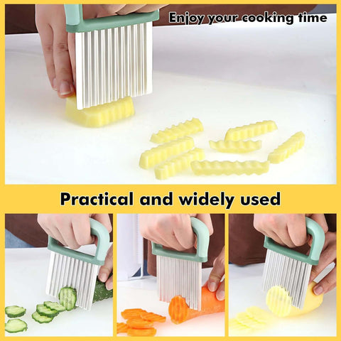 Front view of Paoeyrb 2-pack crinkle cutter set with green handle cutting yellow crinkle strips on white surface