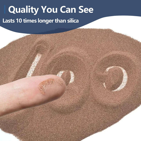 Garnet sandblasting abrasive, #100 grit, brown granules with fingertip for scale