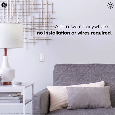 Cync Dimmer Smart Switch Wire Free With Bluetooth Control And White Tones No Wiring Required on living room wall near sofa