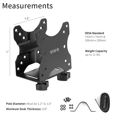 Slick And Durable Mini PC Mount Bracket Providing A Rock Solid VESA Under Desk And Monitor Arm Computer Holder For Thin Client CPU Docking Station No Sweat Setup Black with measurements.