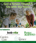 Family gardening in lush backyard, mom and child engaged. Text: 'Got a Green Thumb? Go with the Guru' with featured logos.