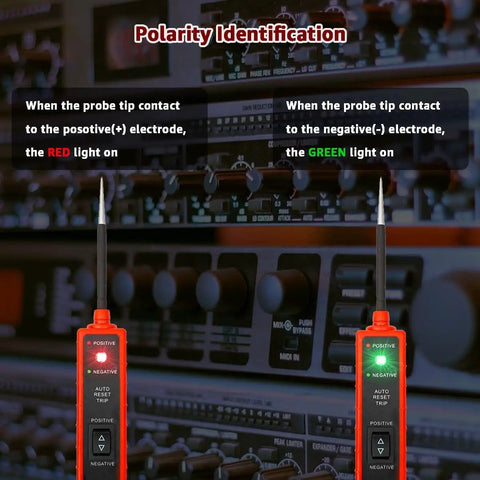 Power Circuit Probe Tester for 6V To 24V DC Systems showing LED polarity identification with red and green lights.