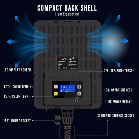 Back view of 2-Pack Pro-Grade Bi-Color LED Photography Lighting Kit, 36W Output with display and controls shown.