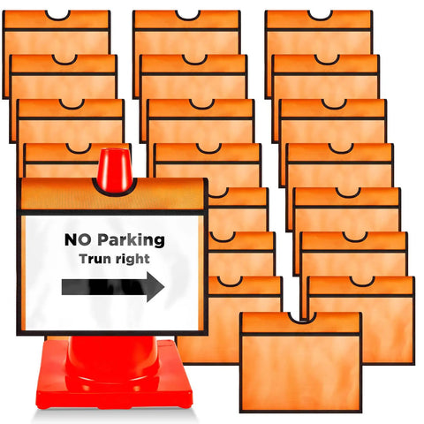 Orange Cone Sleeve 24 Pack Replaceable Sign Sleeves For Outdoor Use with visible 'No Parking' sign on cone.