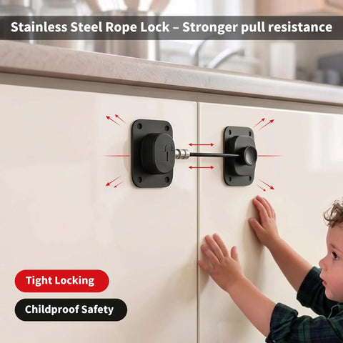 Child touching cabinet with Two Pack Magnetic Cabinet Lock With Panda Key For Childproof Fridge And Cabinets, Easy No Drill Installation.