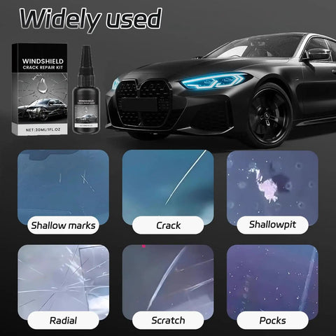 Image of 2026 Upgraded Windshield Crack Repair Kit For Quick Fixes All Crack Types DIY Auto Glass Tool with car and crack examples.