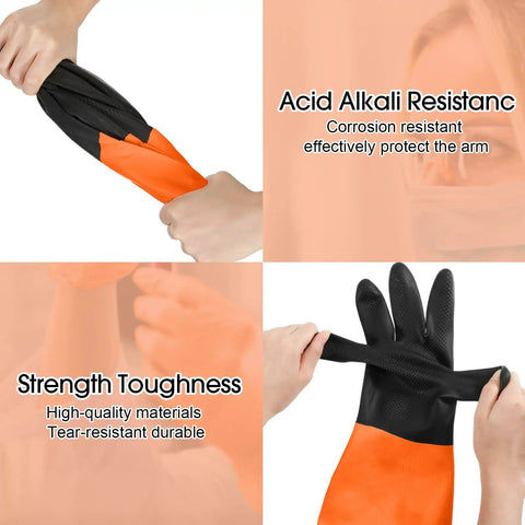 Heavy Duty Chemical Resistant Work Gloves showing hands pulling on gloves, size 11, latex material for chemical protection.