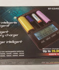 Product box of Dope Four Channel Battery Charger And Analyzer For Li Ion NiMH NiCd Rechargeable Batteries with sample batteries shown.