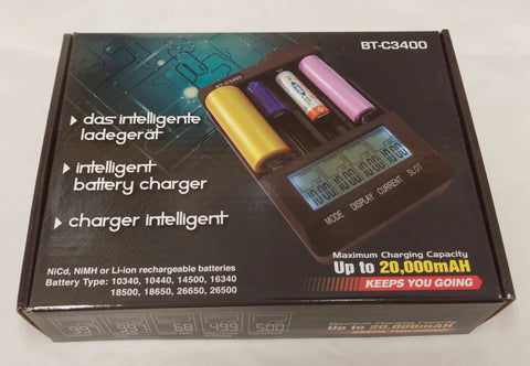 Product box of Dope Four Channel Battery Charger And Analyzer For Li Ion NiMH NiCd Rechargeable Batteries with sample batteries shown.