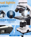 Kids And Adults Microscope With 40X To 2500X Magnification, showing dual LED light and power supply options