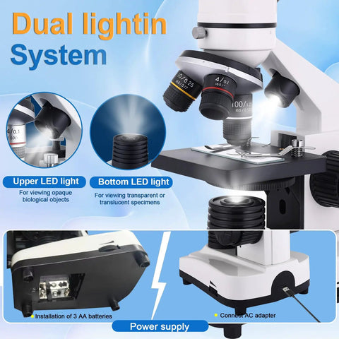 Kids And Adults Microscope With 40X To 2500X Magnification, showing dual LED light and power supply options