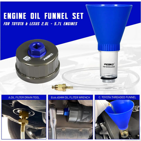 64mm Oil Filter Wrench Kit With Drain Hose And Engine Oil Funnel For Toyota Lexus Scion 2.0L-5.7L Cartridge Style Filter Remover Tool Complete