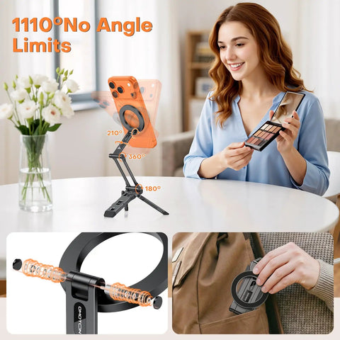 Woman using MagSafe Tripod Hook With Magnetic Back And Arca-Swiss Base, 360 Degree Rotation, magnetic phone stand for makeup tutorial.