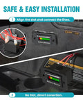 12V 24V 36V 48V 60V 72V Battery Monitor Meter Waterproof LED Battery Capacity Voltage Indicator For Acid And Lithium Batteries Gauge installed on a dashboard with wiring details