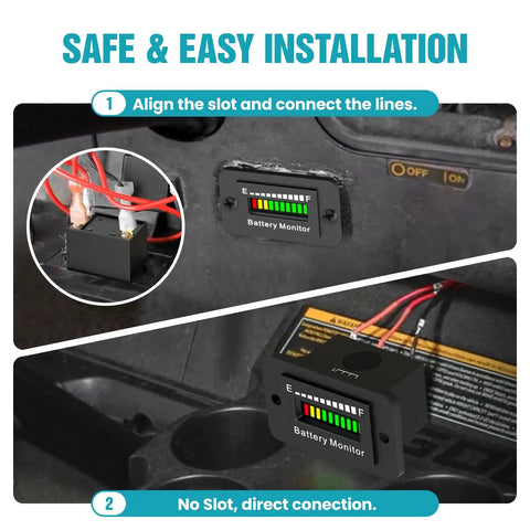 12V 24V 36V 48V 60V 72V Battery Monitor Meter Waterproof LED Battery Capacity Voltage Indicator For Acid And Lithium Batteries Gauge installed on a dashboard with wiring details