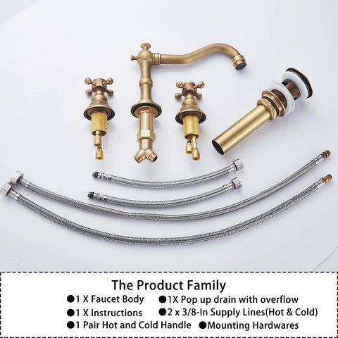 Super Stylish Two Handle Widespread Bathroom Sink Faucet In Warm Antique Brass Finish Including Matching Metal Pop Up Drain With Overflow