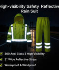Tough As Nails High Visibility Reflective Rain Suit Set With Waterproof Jacket And Pants For Construction And Road Work Crews Featuring Sealed Seams And Breathable Polyester Shell For All Season Weather.