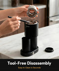 Premium Conical Burr Electric Coffee Grinder With Stepless Adjustment For Smooth Espresso Or Pour Over Brews showing tool-free disassembly for easy cleaning.