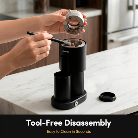 Premium Conical Burr Electric Coffee Grinder With Stepless Adjustment For Smooth Espresso Or Pour Over Brews showing tool-free disassembly for easy cleaning.
