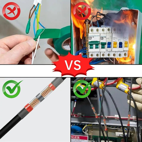 Comparison of traditional wiring issues versus 150 Piece Solder Seal Wire Connectors Kit With Red Heat Shrink Tubing For Automotive And Electronics AWG 22-18 usage.