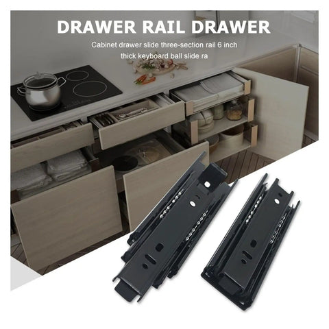 Heavy Duty Side Mounted Ball Bearing Drawer Slides Full Extension Telescopic Cabinet Runners Built Tough And Roll Smooth As Butter Quiet Steel Hardware Two Pack, shown in a kitchen with three-section design.