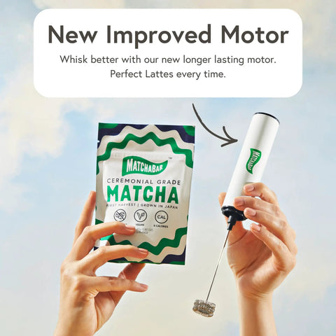Electric Milk Frother And Matcha Whisk Handheld All-In-One Blender Stainless Steel USB Rechargeable High-Speed Immersion Mixer held with matcha powder bag