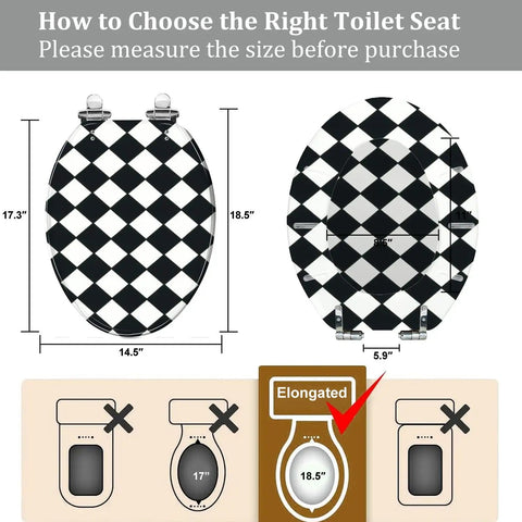 Toilet Seat Elongated Quiet Close for Bathroom with measurements 14.5" x 18.5" in a checkered design for compatibility.